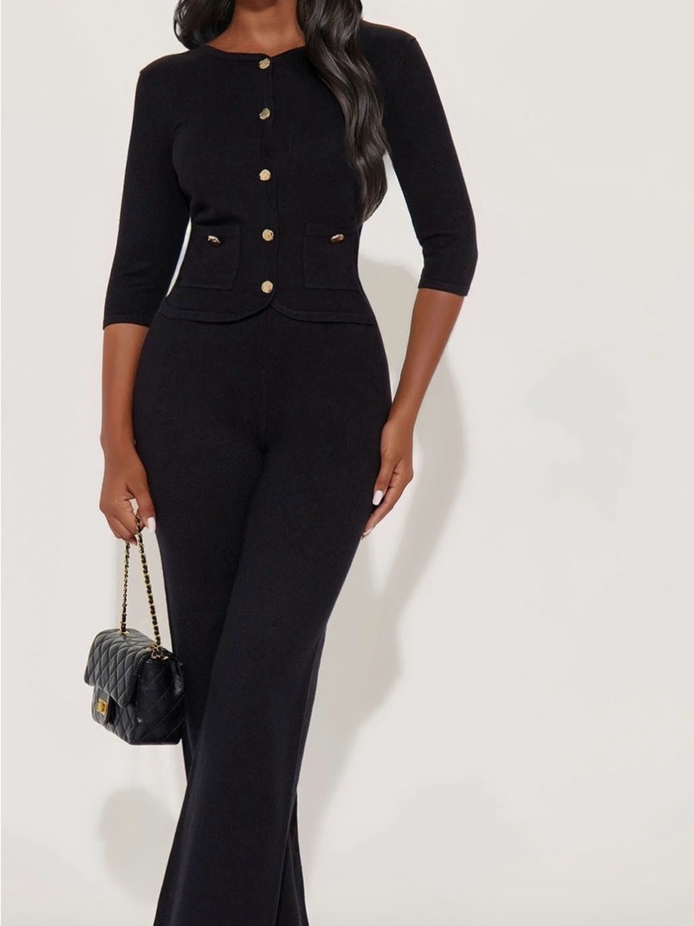 Fashion Nova Black Knit Wide Leg Jumpsuit with Gold Buttons
